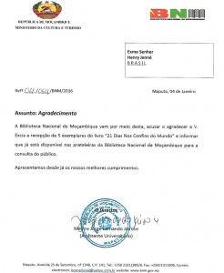 Carta da Biblioteca Nacional de Moçambique acusando recebimento do livro 21 Dias Nos Confins do Mundo do escritor brasileiro Henry Jenné